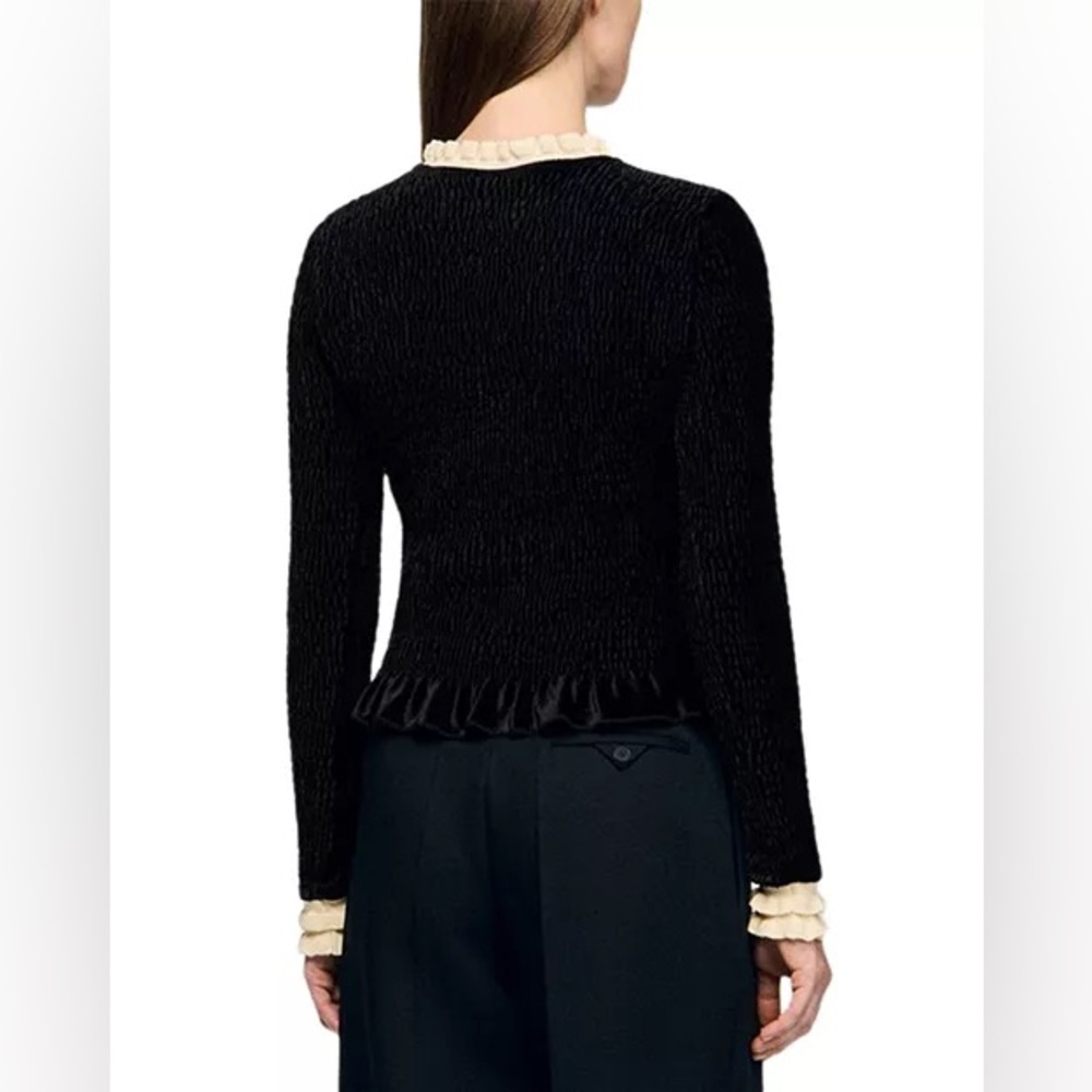 Sandro Black Long-Sleeve Ruffle-Trim Top with Cream Accents - Picture 3 of 8